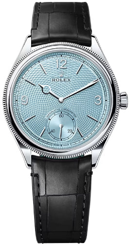 Rolex 1908 39mm Platinum Ice Blue Dial Domed Fluted Bezel Matt Black Alligator Strap – 52506