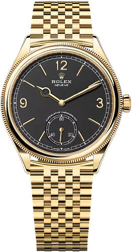 Rolex 1908 39mm Yellow Gold Intense Black Dial Domed Fluted Bezel Settimo Bracelet – 52508