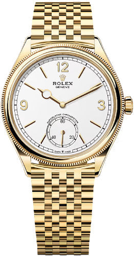 Rolex 1908 39mm Yellow Gold Intense White Dial Domed Fluted Bezel Settimo Bracelet – 52508