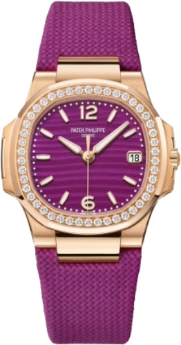 Patek Philippe Nautilus 32mm Rose Gold Lacquered Purple Dial Diamond Bezel Fabric Strap – 7010R-013